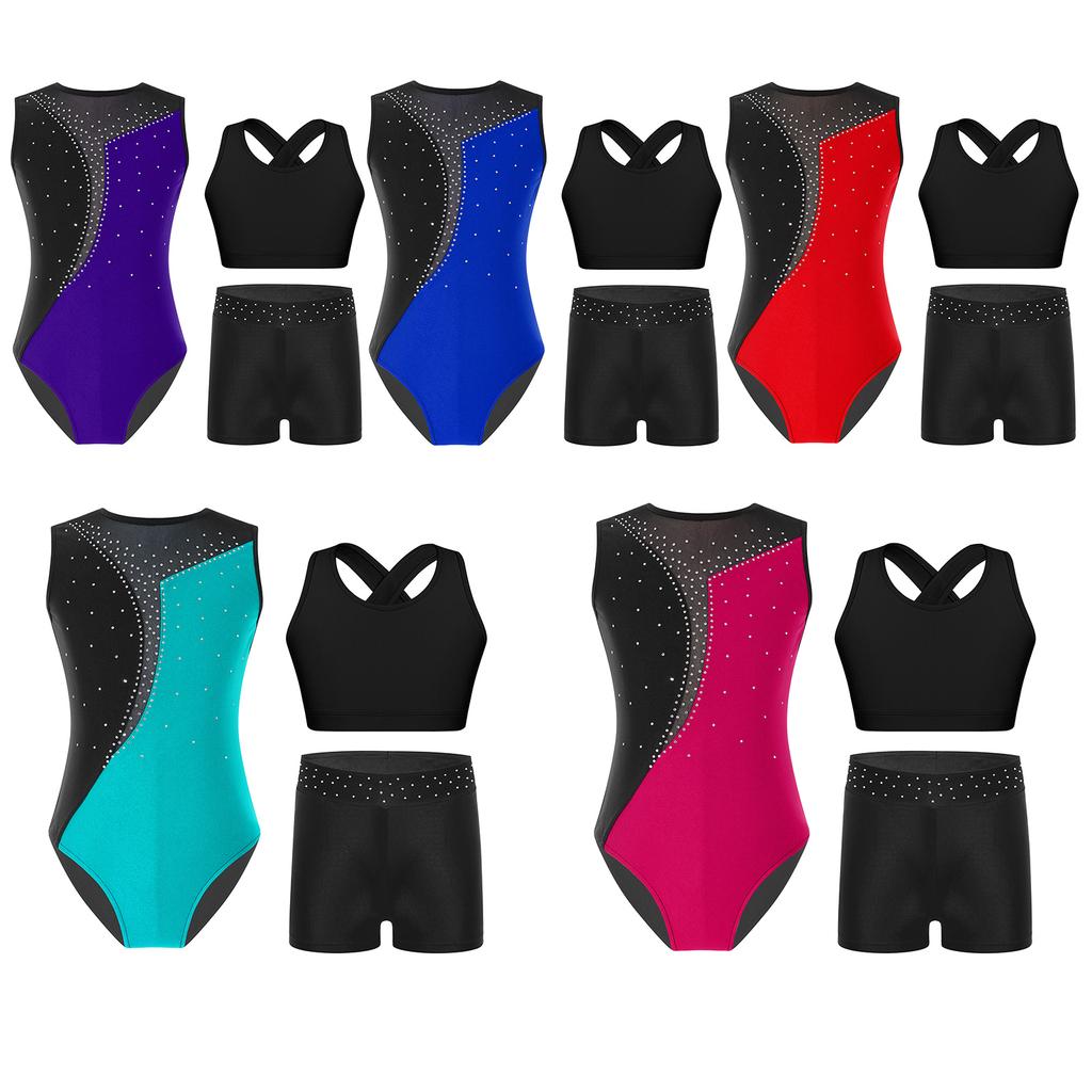 Ärmelloses Tanzset für Mädchen Glitzernde Strasssteine Kontrastfarben Gymnastik-Leotard mit Shorts und Top