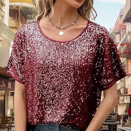 Women Tops Round Neck Short Sleeve Loose Fit Tee Shirt Sparkling Sequins Casual Shirt Versatile Summer Tops