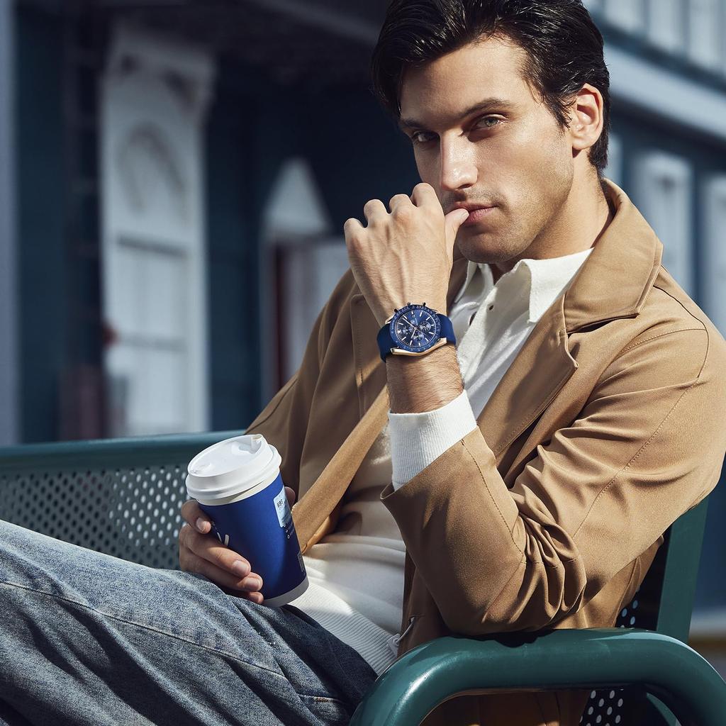 BY BENYAR Chronograph Analog 30M Water Leather Strap Quartz Blue Gift for Men Men's Watch, Resistant, Simple, Stylish, Popular, Formal, Movement,