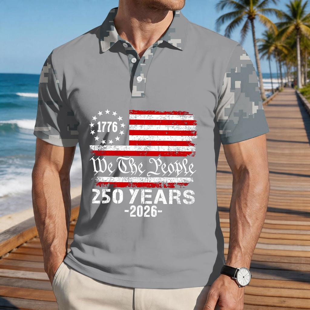 Men's Loose Fit Casual Short Sleeve Polo Shirt with Digital Camouflage Sleeves and Printed Flag Graphic 250 Years Commemorative Design
