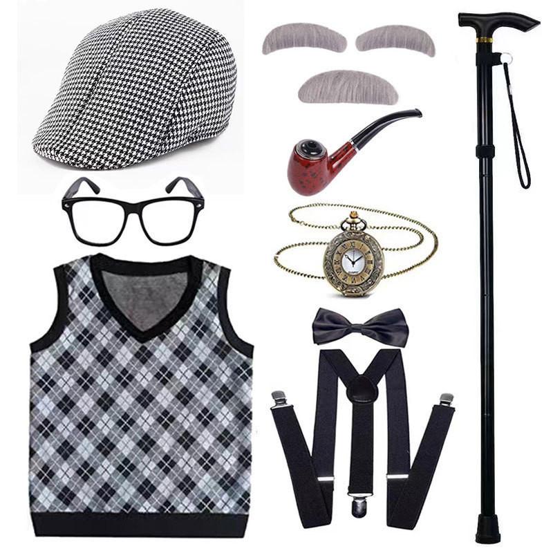 Disfraz de abuelo premium con peluca, chaleco elegante y accesorios para niños y adultos.