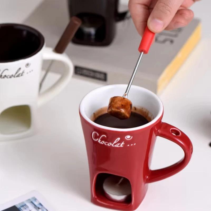 130ml Xícara para Fondue de Chocolate Xícara Europeia com Vela Caneca de Cerâmica Aquecimento de Comida Queijo Criativa Caneca de Café com Garfo Festa de Natal