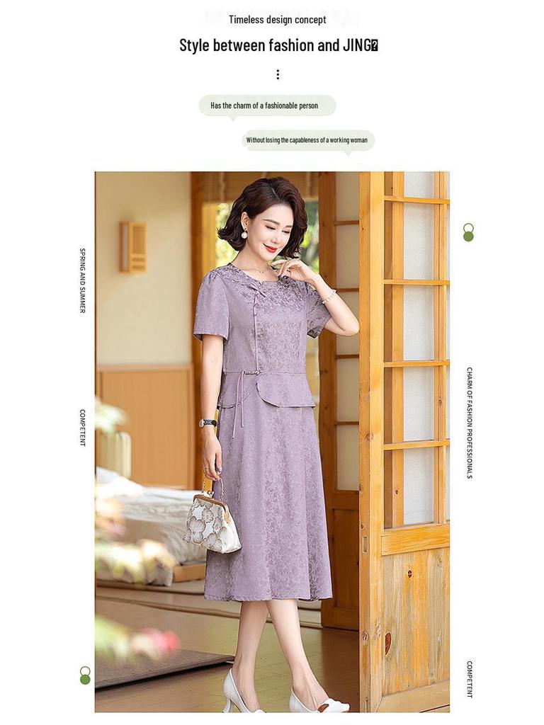 Elegancka letnia sukienka w stylu chińskim na rok 2025 dla kobiet w średnim wieku: Wyszczuplający, Modny, Design o średniej długości