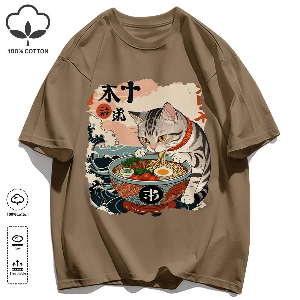 A Cat That Likes To Eat Noodles Print T Shirt Unisex Casual Loose Short Sleeve Summer Soft Clothing O-Neck Unisex Cotton Tee