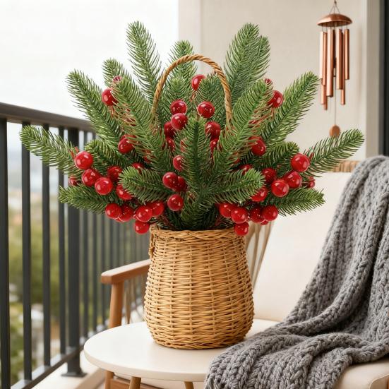 Vánoční borové větvičky s červenými bobulemi Umělé zelené stonky na strom Květinová aranžmá Domov Kancelář Sváteční středová dekorace