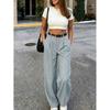Womens High-Waisted Wide-Leg Trousers 2026 Flowy Straight Cut Casual Pants Grey Mint Navy Fog Blue Camel