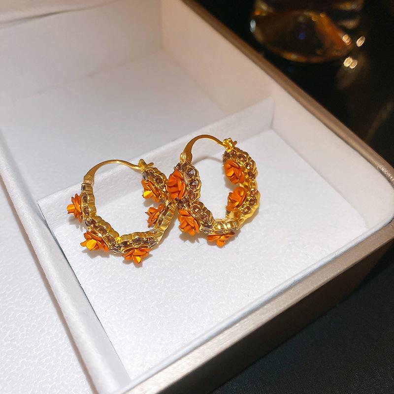 Korean Fashion Rose Flower Hoop Earrings for Women Luxurious Sparkling Zircon Circle Drop Earrings Party Ear Jewelry Accesories