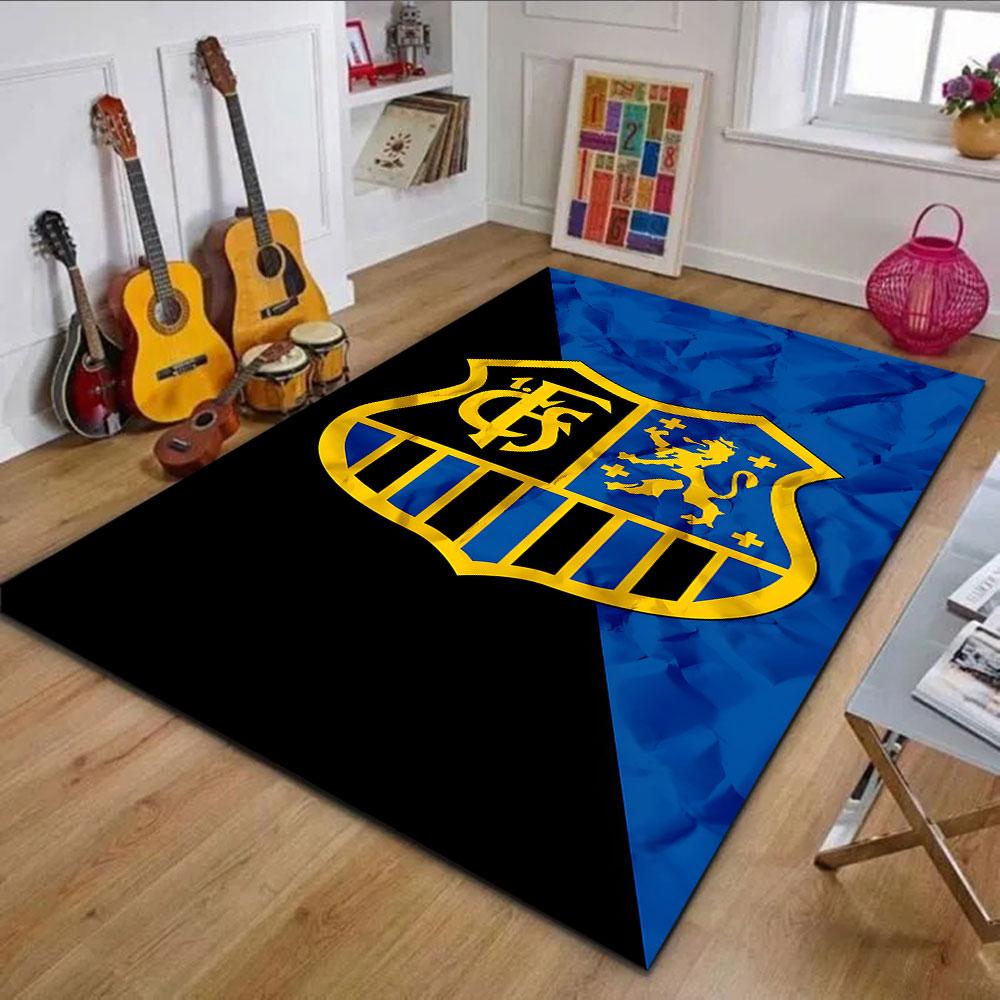Gold Lion and Letters Emblem on Blue Patterned carpet, non slip mat suitable for living room and bedroom sofas