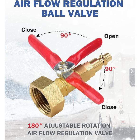 RV Winterizing Kit, RV Blowout Adapter With Shut Off Valve, Sprinkler Blowout Adapter With Quick-Connect Plug To 3/4 Garden Hose, Camper Winterize