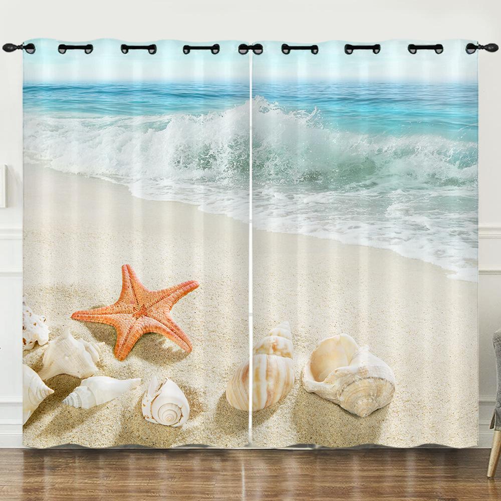 Curtains Summer Vitality Orange Beach Digital Printing Blackout Curtain Punching