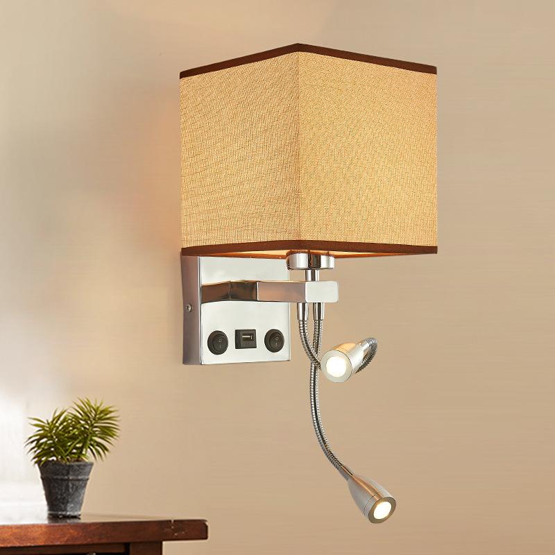 Simple Modern USB Port Charging Wall Lamp Hotel Bedroom Bedside Square Fabric Wall Sconce with Led Spotlight Rocker Switch
