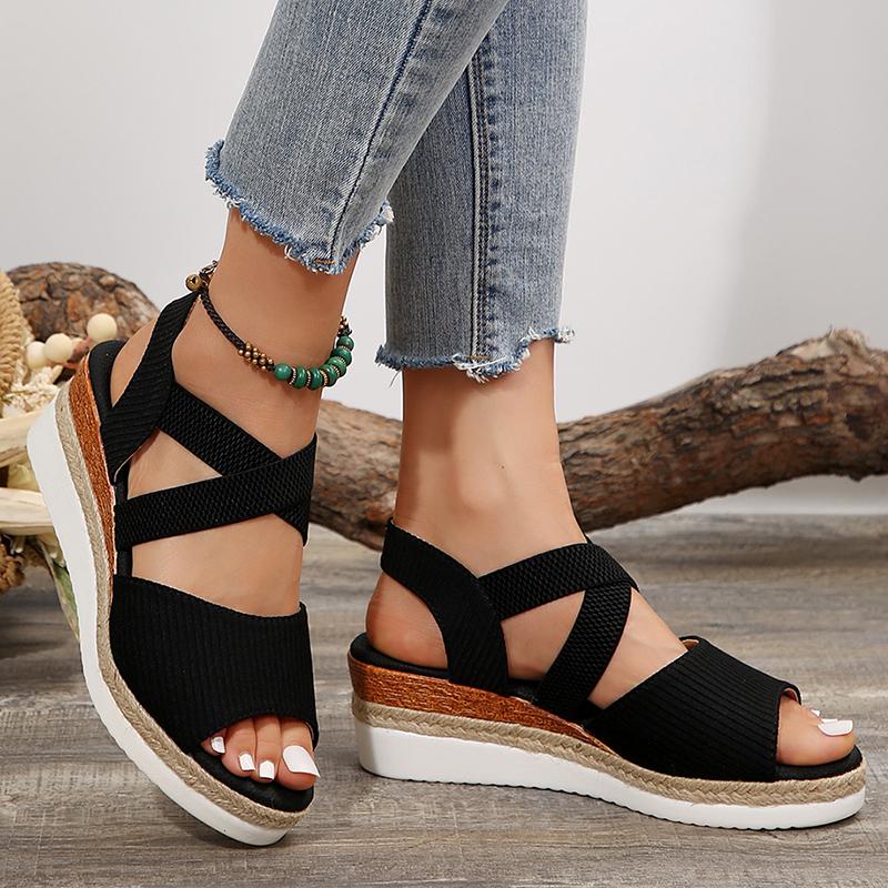 Fashion Ankle Cross Band Wedges Women's Sandals Elastic Strap Solid Non Slip Platform Sandalias Outdoor Soft Comfortable Ladies Zapatos