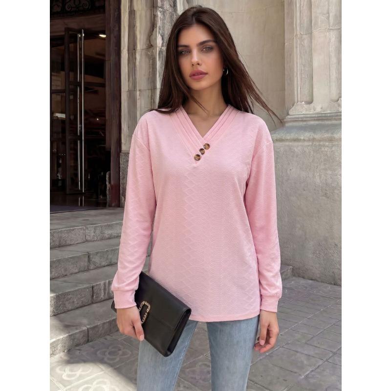 Solid Color V Neck Button Decor Loose Long Sleeve Casual T Shirt Top