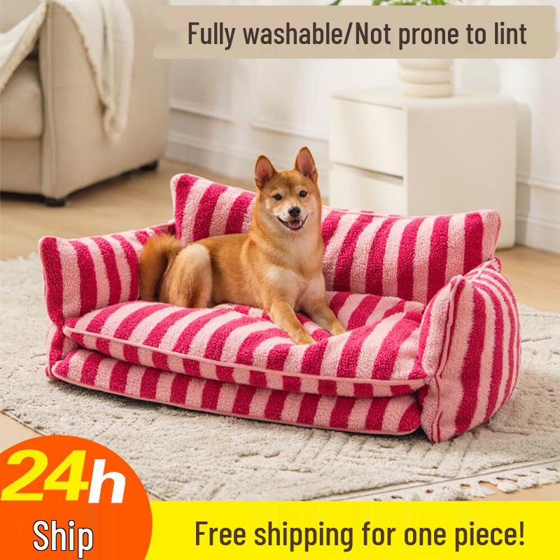 Zimní pelíšek pro domácí mazlíčky z pruhované jehněčí vlny: Útulný, Snímatelný a Pratelný