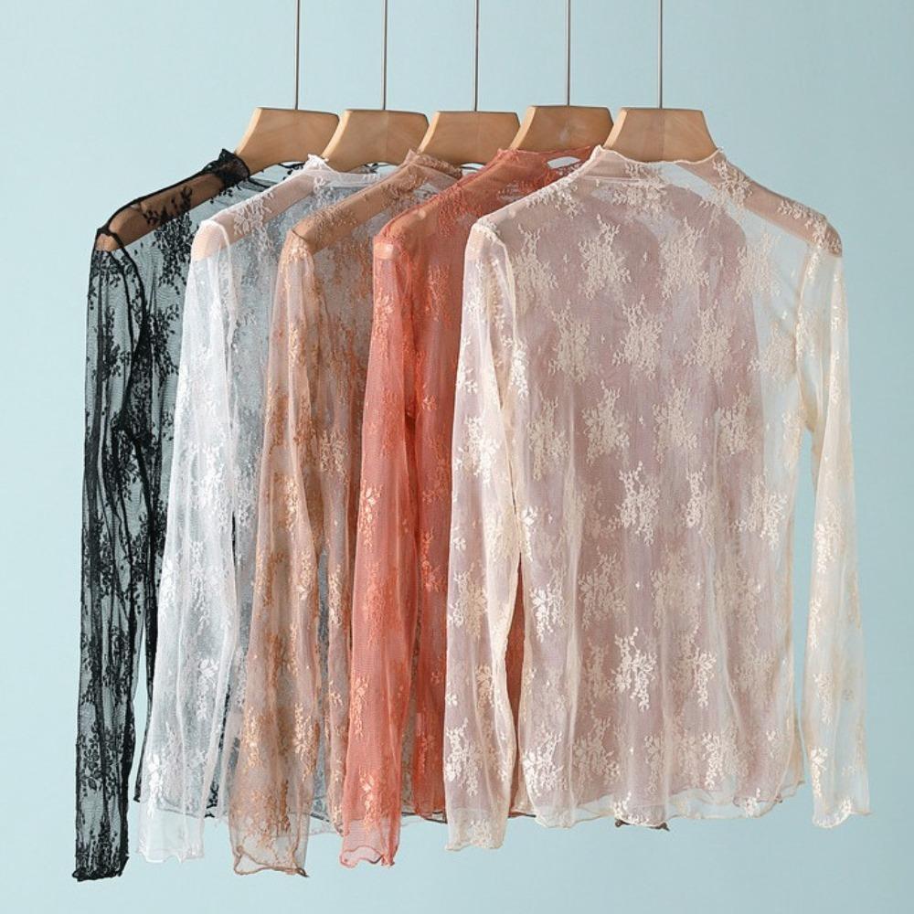 Mesh Transparent T-shirt Hollow Lace Floral  Shirts Elegant Lace Bottomed Blouse  Girls