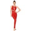 Tuta da ginnastica da donna asimmetrica sulle spalle con schiena scoperta e cinturini, pantaloni lunghi con strass