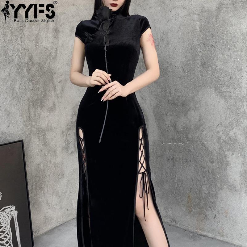 

YYFS Женская мода лето весна однотонный принт короткий рукав воротник стойка высокая талия повседневные платья S чёрный