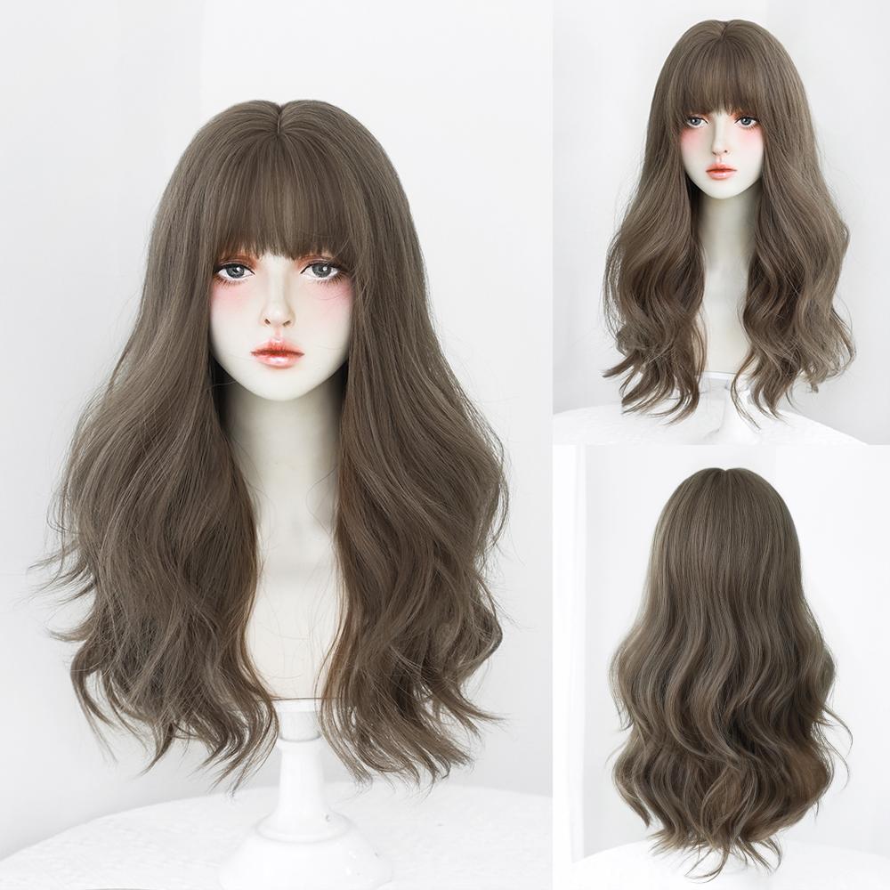 Lange Lockige Haare Damen Perücke mit Pony Täglich Braun Schwarz Rosa Lolita Cosplay Geflochtene Perücken Hitzebeständige Faser Party Kunsthaar