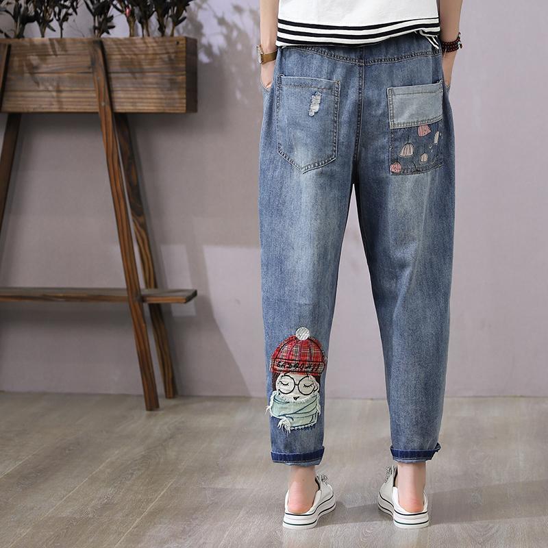 Summer Embroidery Cropped Pants Jeans Loose Slimming High Waisted Harem Pants
