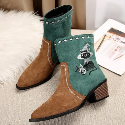 Bottes de cow-girl pour femmes, style western, bout pointu, talon épais, bottines brodées à mollet large, talons bas antidérapants, bottines à enfiler pour femmes