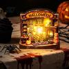 LED Halloween Scenes Vintage Glowing Wooden Tabletop Decor, Light Up 3D Scene Display Spooky Desktop Ornaments for Party, Festive Home Ornament Tiered