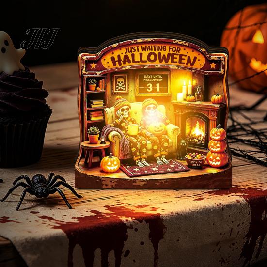 LED Halloween Scenes Vintage Glowing Wooden Tabletop Decor, Light Up 3D Scene Display Spooky Desktop Ornaments for Party, Festive Home Ornament Tiered