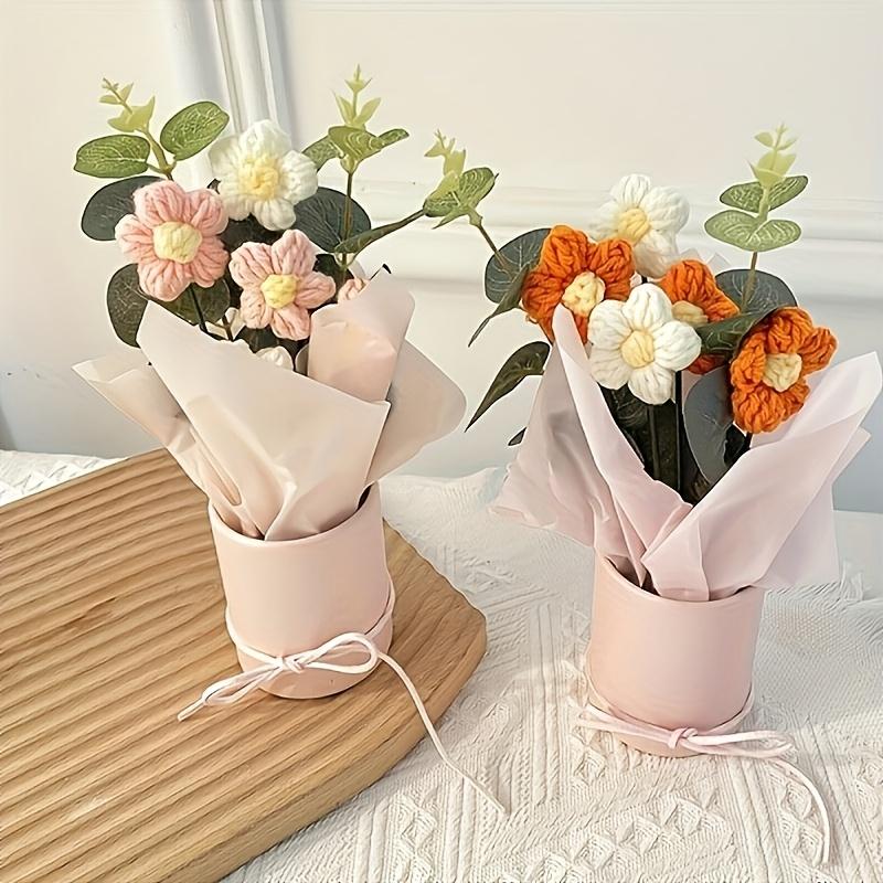 1PC handmade crochet bouquet with pink vase, including crocheted flower fabric wrapping paper and ribbon - carefully woven cotton thread