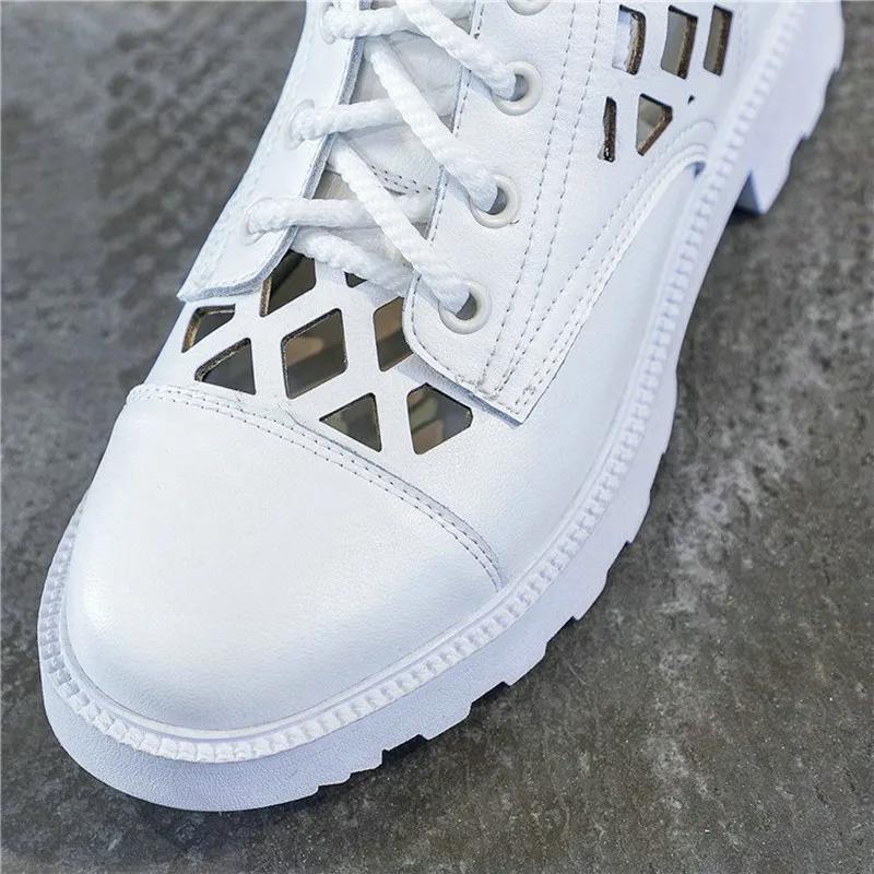 Women's Summer Knee High Boots Hollow Out Sexy Round Toe Cowhide Leather Square Heel Woman Back Zipper Booties Shoes