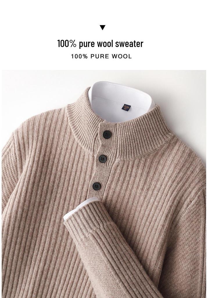 Men’s 100% Pure Wool Thick Warm Sweater, Half-High Button Collar, Autumn/Winter Knitwear for Middle-Aged Men.