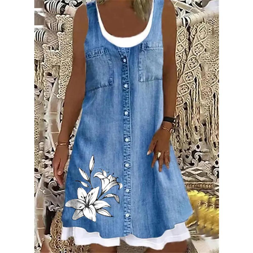 Nouvelle robe 2025 pour femme à impression numérique Fausse pièce deux pièces Imitation Jean Robe Décontractée Ample Col Rond Robe débardeur Femme Vestidos
