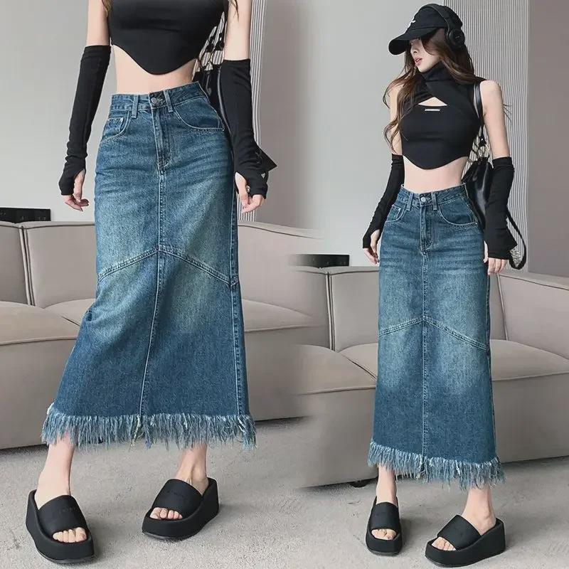 2024 Summer Retro Washed High Waist A-Line Denim Midi Skirt with Raw Hem