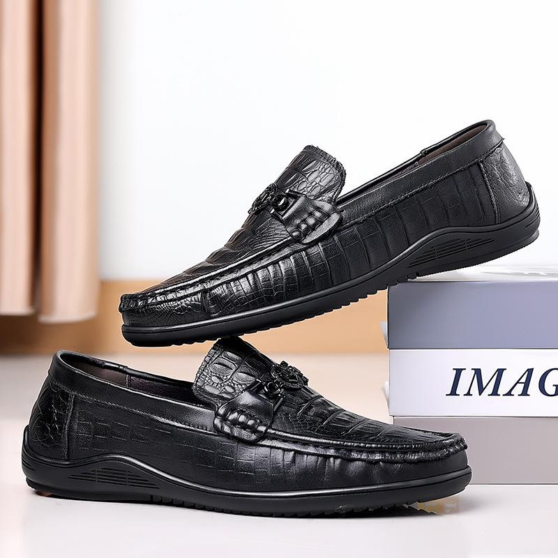 New Spring First-layer Cowhide Beanie Shoes Men's Genuine Leather Crocodile Pattern Casual Foot Leather Shoes Men's Large Size Men's Shoes 48