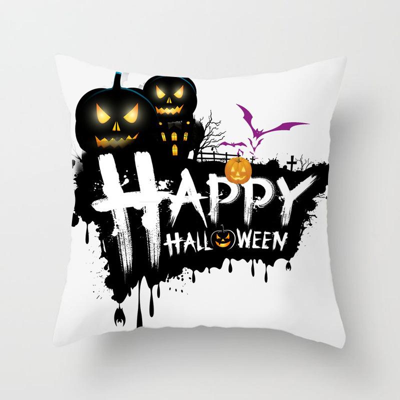 New Halloween Black and White Skull Pumpkin Printed Peach Leather Velvet Pillowcase Sofa Office Cushion Cover