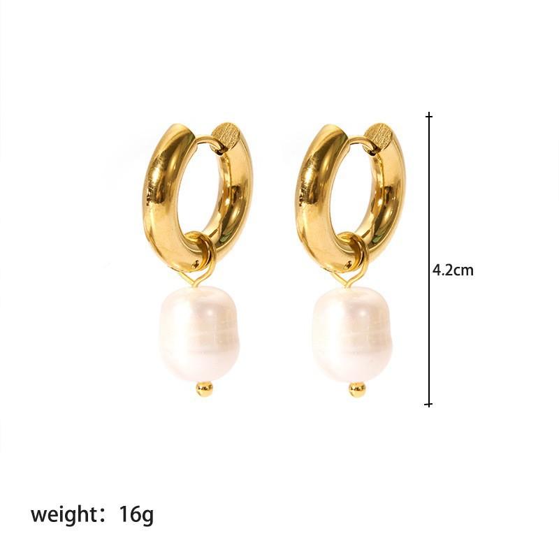 Pearl Drop Earrings For Women Gold Color Stainless Steel Freshwater Pearl Hoop Ear Accessory