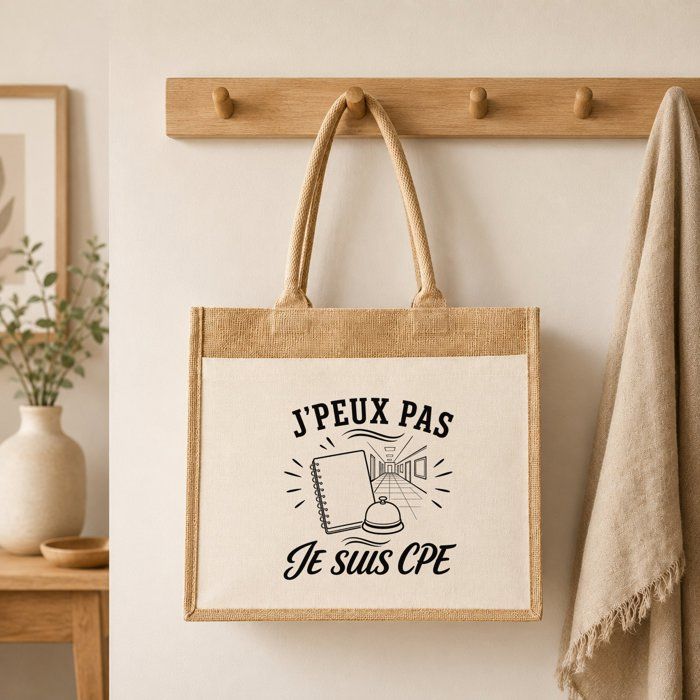 Sac Cabas Jute avec Poche J’peux pas je suis CPE J'peux pas minimaliste | Toile de Jute et Coton 21 L Fond Plat Anses 65 cm