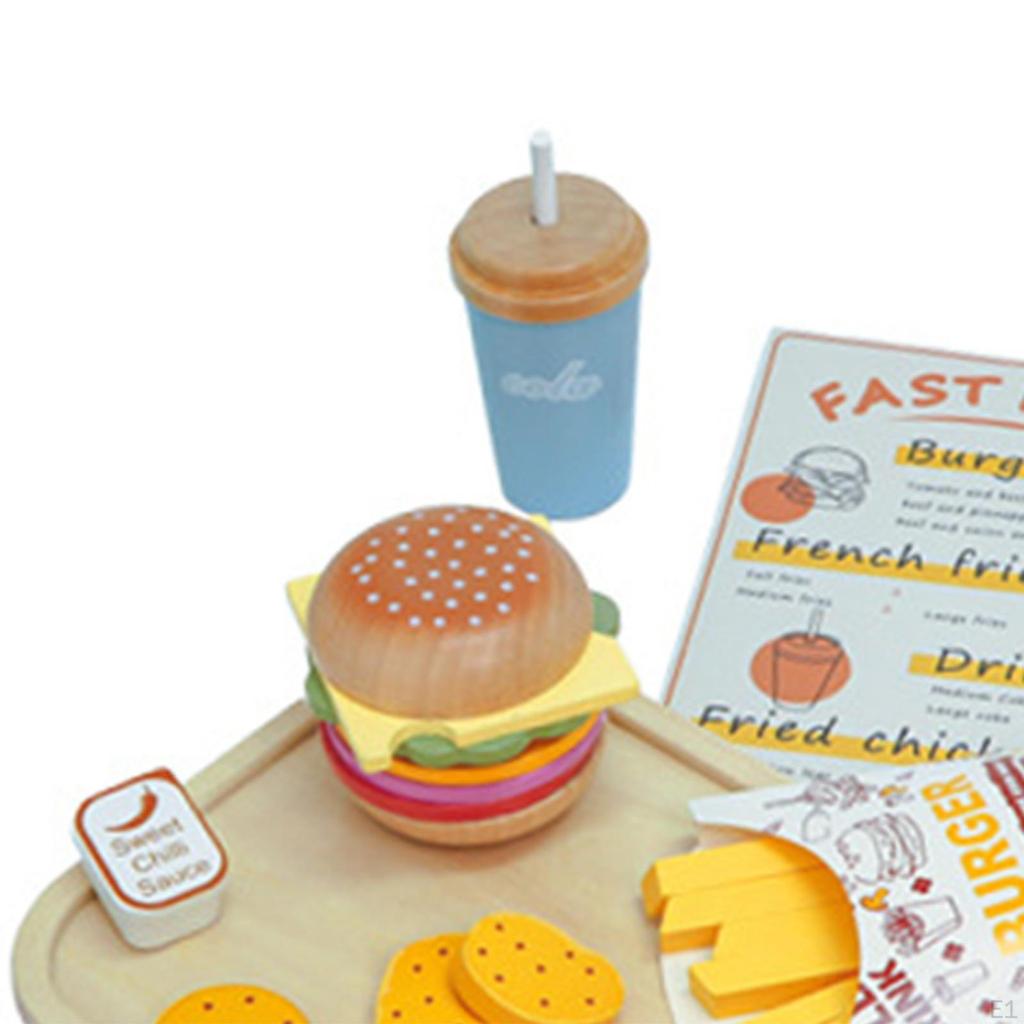 Wooden Stacking Burger Montessori French Fries Cola Play Kitchen Accessory, Removable Food Toy