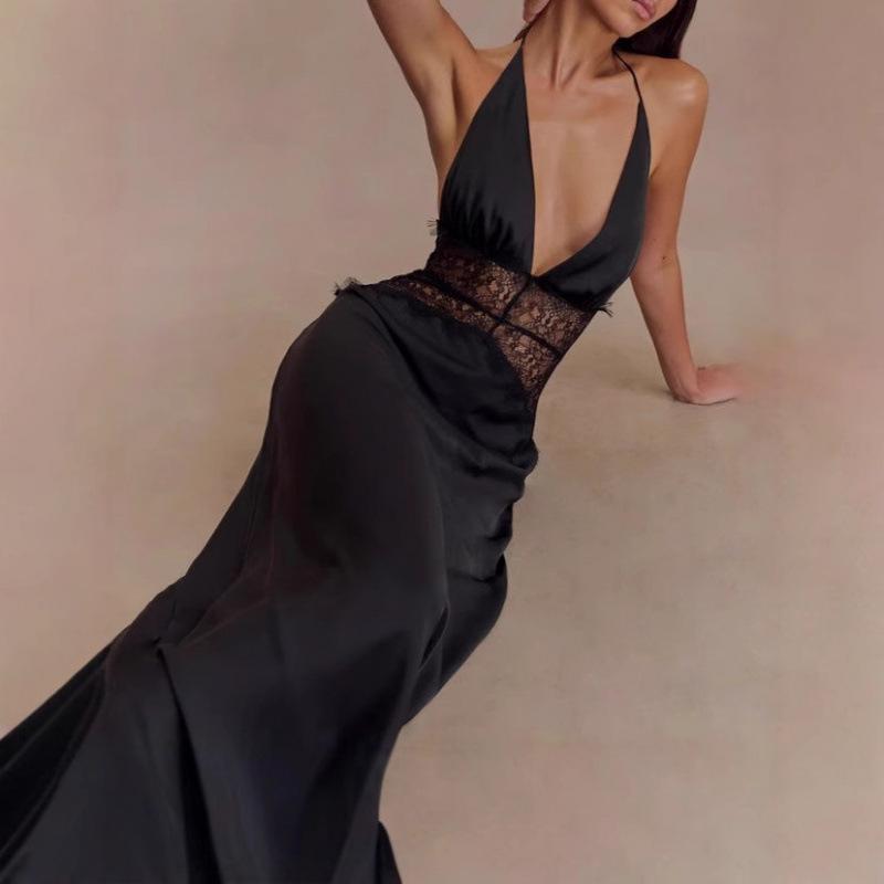 2025 Summer Elegant Deep V Silk Satin Halter Waist-Cinching Long Dress