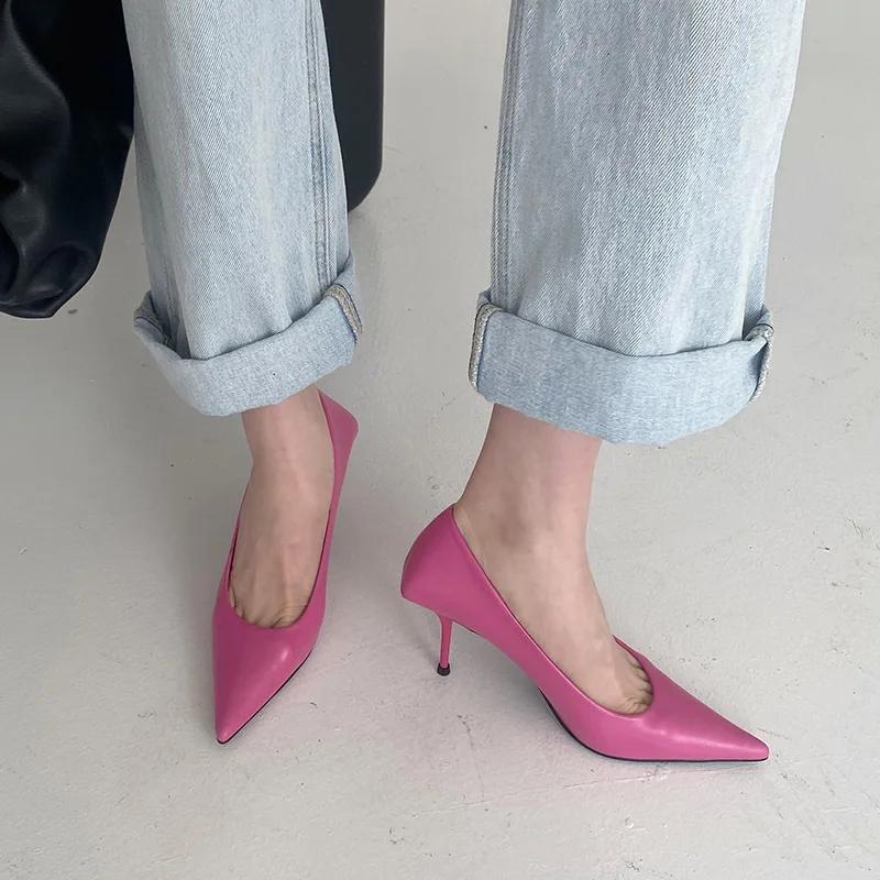 

Летние женские туфли-лодочки для офиса, мелкие, из ПУ, на тонком высоком каблуке 9 см, с острым носком, слипоны, модные сандалии для платья, обувь для женщин 39