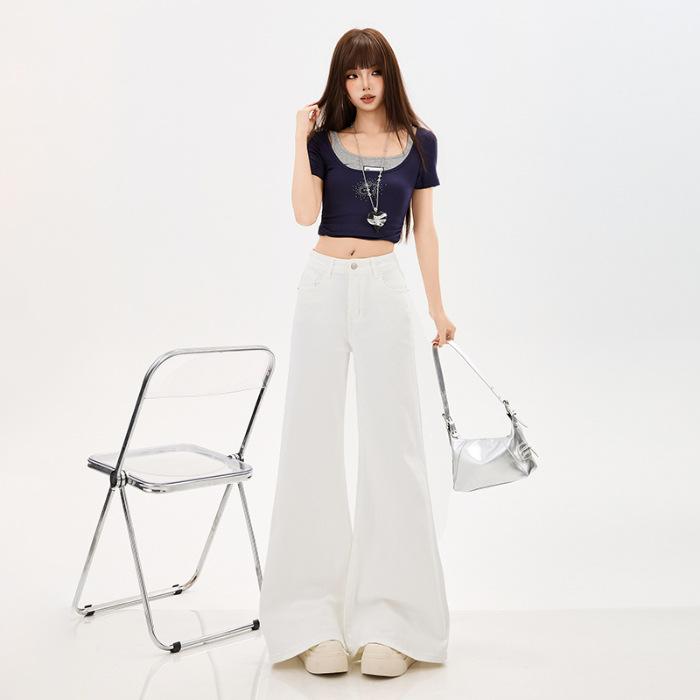 Spice girl light blue jeans women's spring high waist washed micro-pull pants versatile floor pants black gray wide-leg trousers
