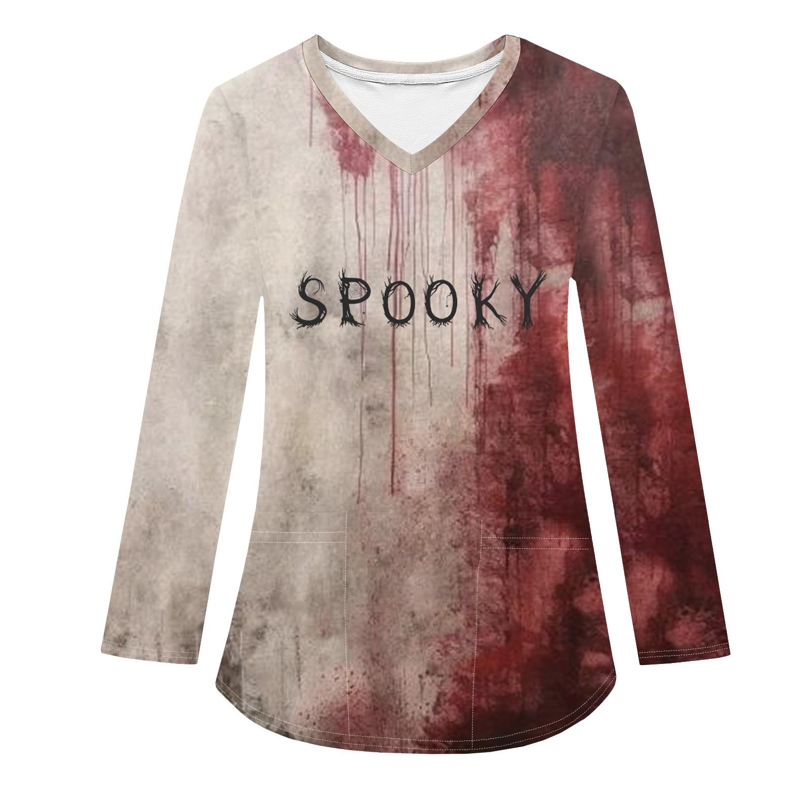 

Женская модная рабочая одежда с V-образным вырезом и длинным рукавом, с карманом, футболка с принтом на Хэллоуин S киноварь