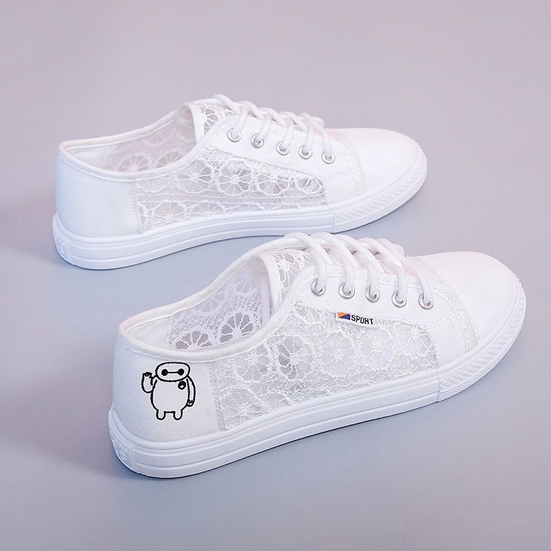 Women Shoes 2024 Fashion Summer Casual White Shoes Cutouts Lace Canvas Hollow Breathable Platform Flat Sneakers Zapatillas Mujer