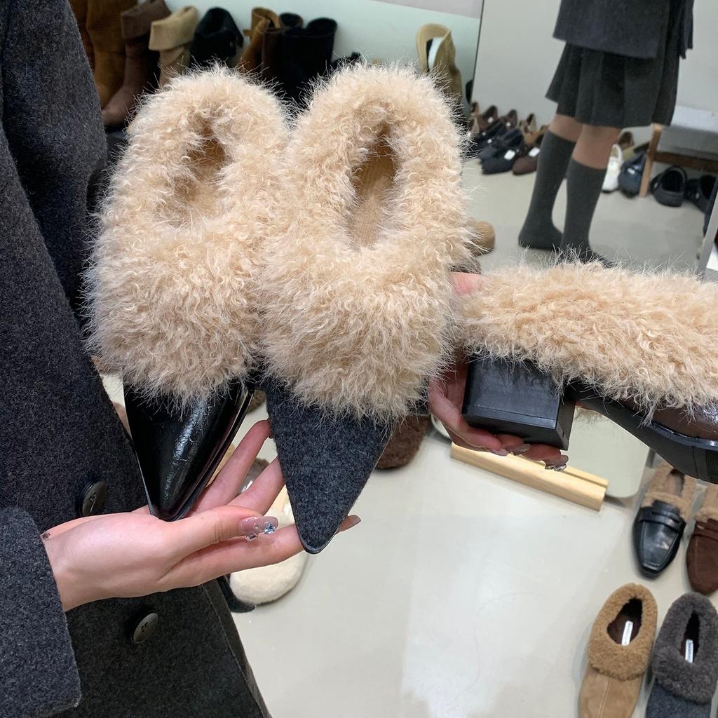 French thick heel pointed brown small leather shoes plush warm fluffy shoes autumn and winter temperament gray high heels