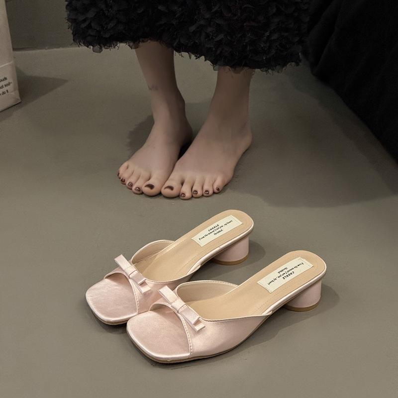 Premium casual French evening breeze square head bow one-word slippers women's spring new outer wear with skirt cool slippers