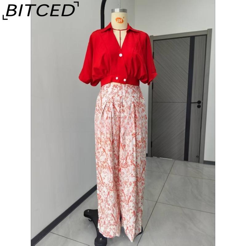 BITCED Summer Set Shirt Top with V-Neck Fashion Print Wide-Leg Trousers Stylish Set