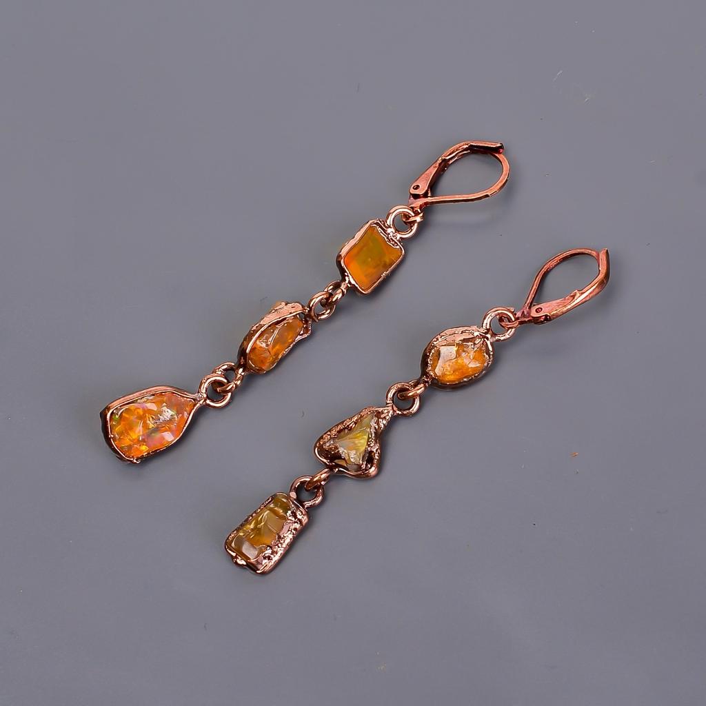 Ethiopian Opal Stone Copper Wife Gift Electroformed Dangle Drop Earrings Jewelry V-102