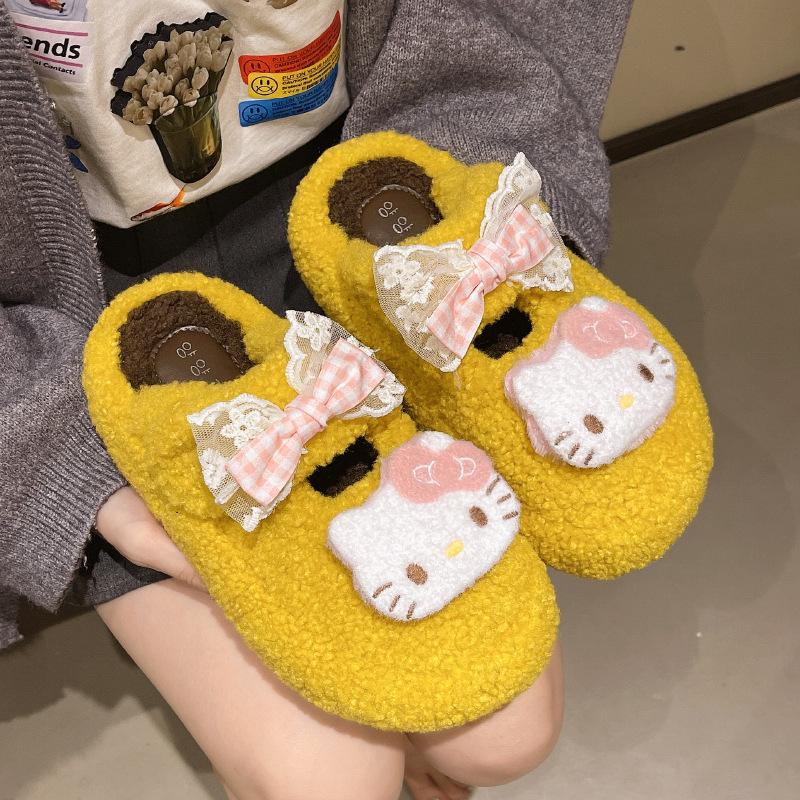 Cute cartoon KT cat fluffy slippers women's 2025 new fashionable versatile thick bottom heightening outer wear cotton slippers tide