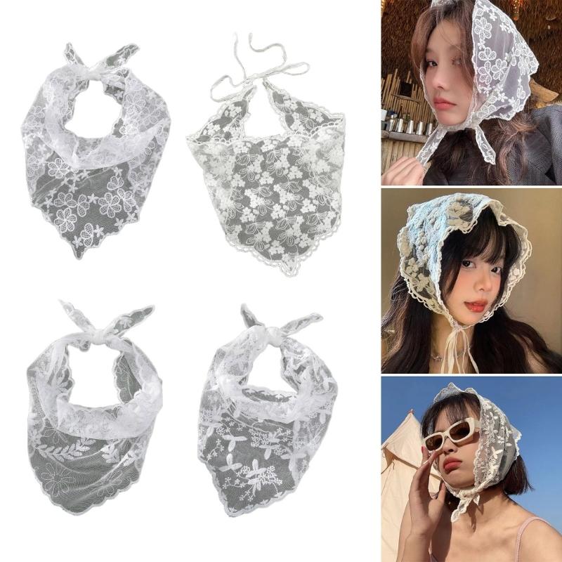 Women Sunproof Lace Triangle Kerchiefs Lightweight Summer Tie Back Kerchiefs