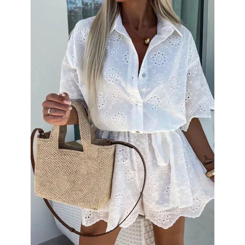 Embroidered Lace Shirt Romper Fashion Embroider Lace Shirt Jumpsuit Suit