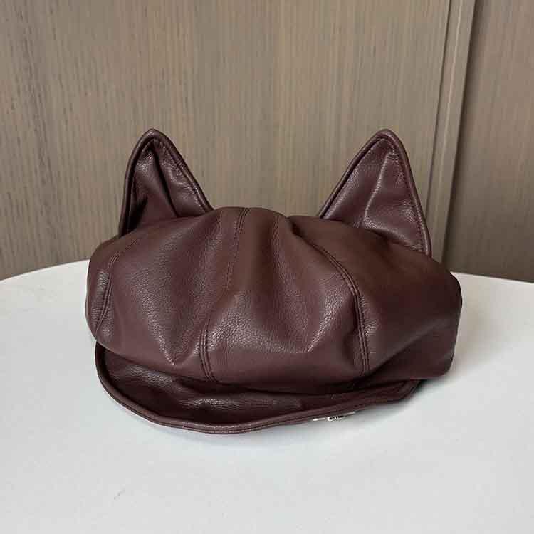 Japanese Retro Pu Leather Cat Ears Octagonal Hat Female Cute Painter Hat Versatile Cloud Bud Hat M（56-58cm） кофейный