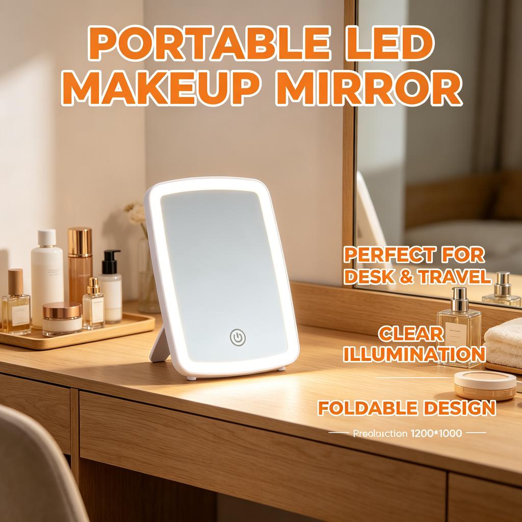 Espejo de maquillaje LED plegable portátil con luz para escritorio y viaje